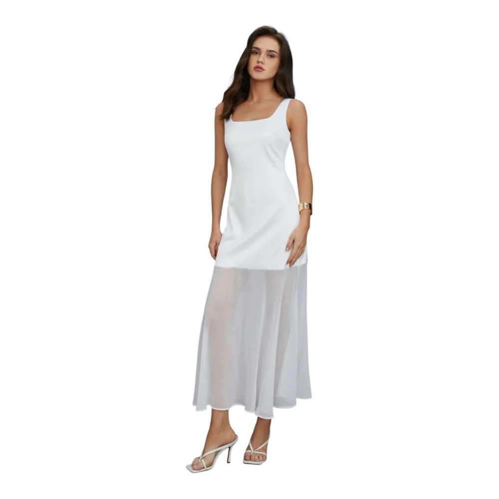 COMMENSE Sheer Satin Overlay Long Dress
COLOR - White Size Large NWT sleeveless